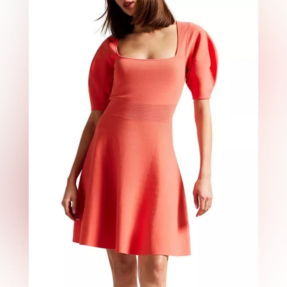 TED BAKER Havliy Puff Sleeve Scuba Skater Mini Dress Pink Coral Size 12